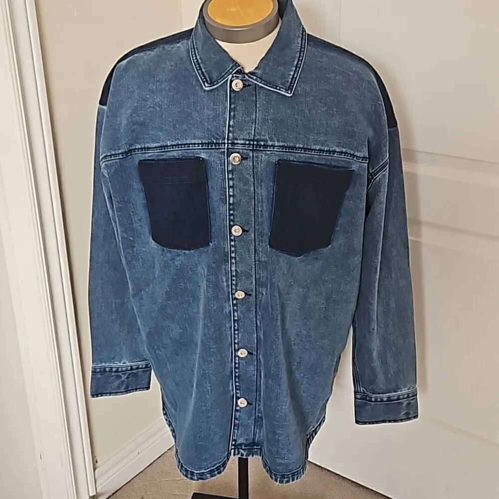 RW&CO. Men's Denim Button-Down Oversized Jean Shirt XL Dark Blue Washed